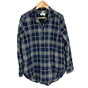 Loft Softened Top Size Large Women Navy Brown Plaid Long Sleeve Popover Shirt